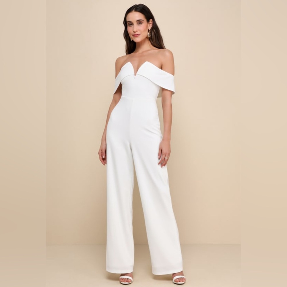 Lulus off the shoulder white jumpsuit size small